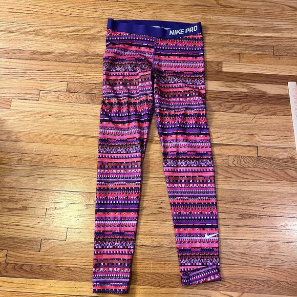 Nike Pro Leggings Womens Large Punk Purple Aztec Print Ankle Pants - Picture 1 of 10